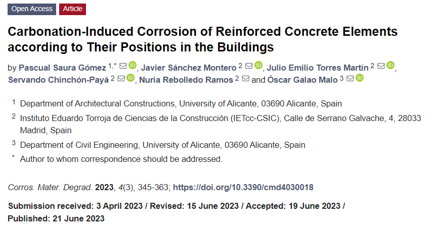 Carbonation-Induced Corrosion of Reinforced Concrete Elements according to Their Positions in the Buildings
