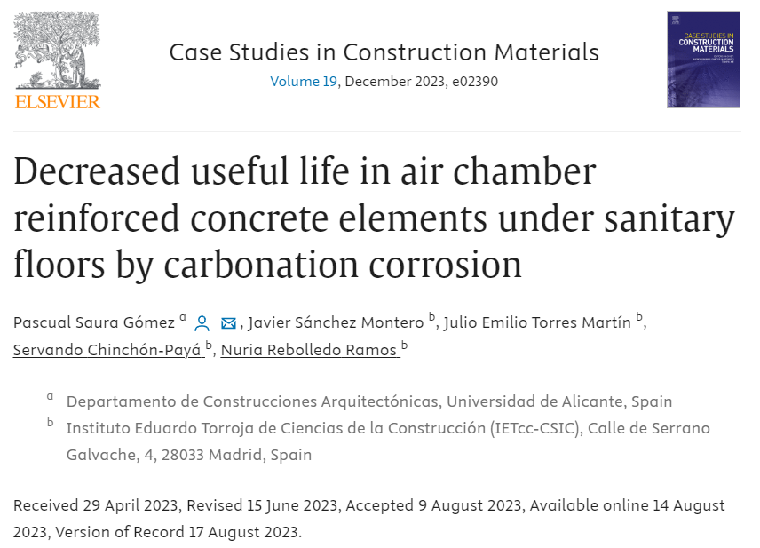 Decreased useful life in air chamber reinforced concrete elements under sanitary floors by carbonation corrosion