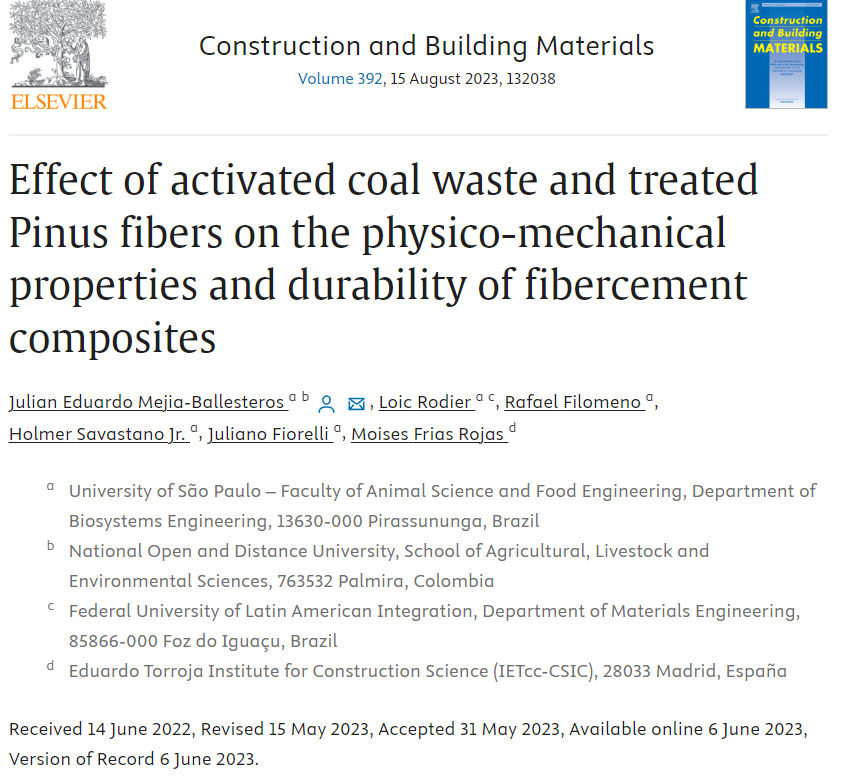 Effect of activated coal waste and treated Pinus fibers on the physico-mechanical properties and durability of fibercement composites